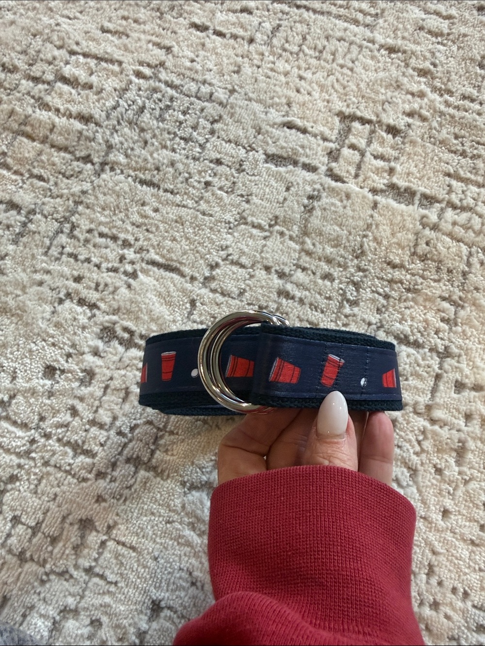 NWOT Mens Beer Pong Navy Ribbon D-Ring Belt with Red Cup Print one sz fits all